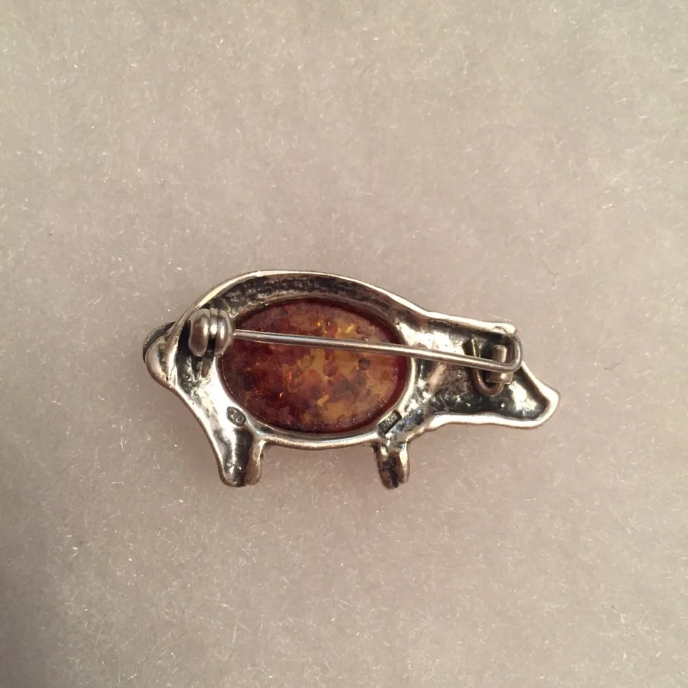 BROOCH PIN VINTAGE STERLING SILVER 925 AMBER PIG - Picture 3 of 5